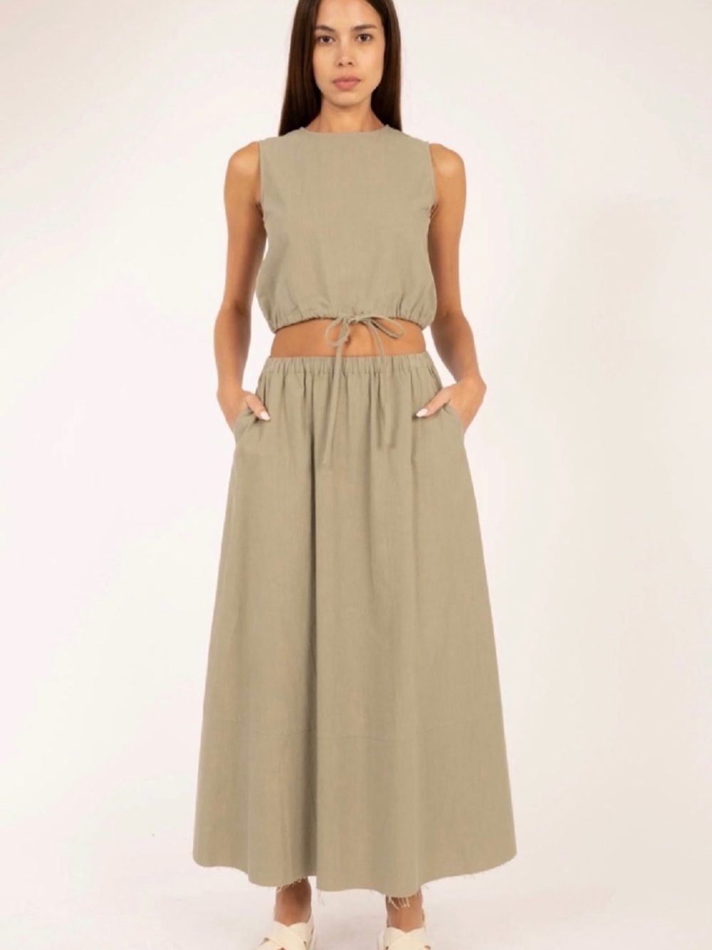 Sleeveless Linen Drawstring Crop Top and Maxi Skirt Set - Olive